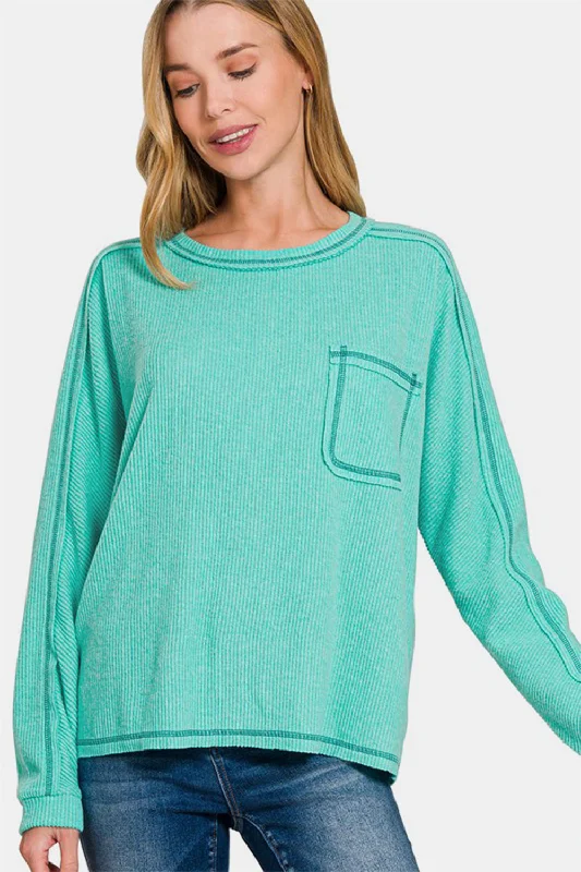 Act Now Zenana Full Size Contrast Stitching Brushed Ribbed Hacci Knit Top Plus Size