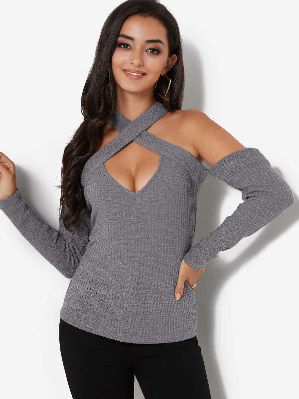 Weekend Wonders Await! Custom Crossed Collar Off The Shoulder Plain Cut Out Criss-Cross Long Sleeve Grey T-Shirts