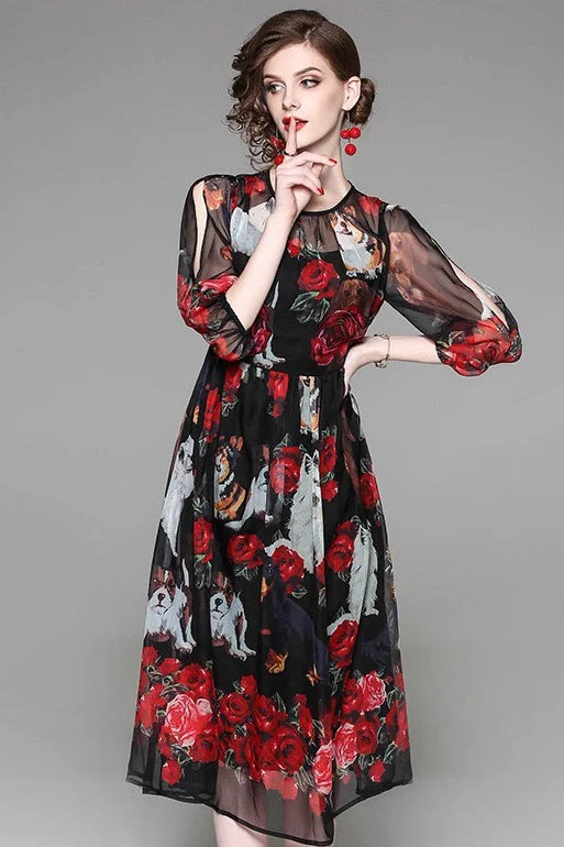 Daily Deals Dog and Flower Print Organza Dress