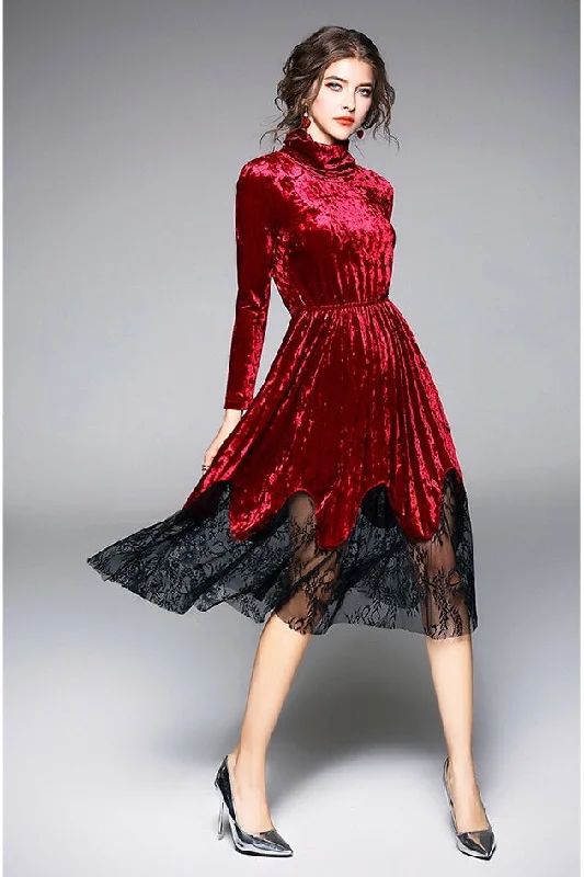 Massive Savings Pleated Velvet Dress W/ Lace