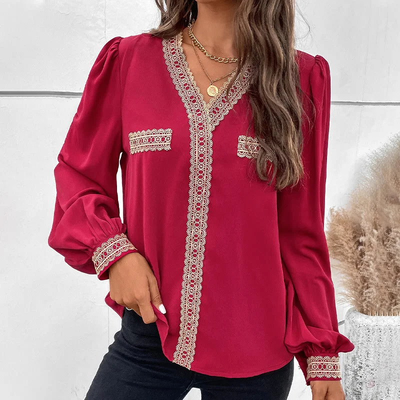 Extra Discount Casual V Neck Lace Patchwork Blouse Wholesale Womens Long Sleeve T Shirts