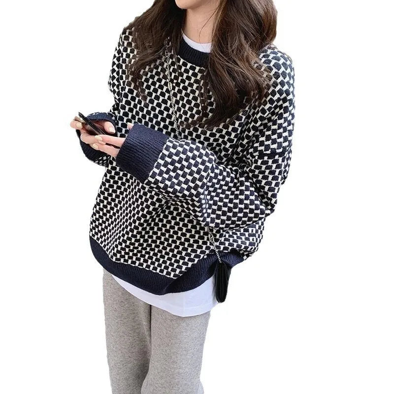Shop and Save 2024 Spring fashion women's new arrival crew-neck high-quality plaid jacquard long-sleeved solid color pullover sweater Shop and Save 2024 Spring fashion women's new arrival crew-neck high-quality plaid jacquard long-sleeved solid color pullover sweater