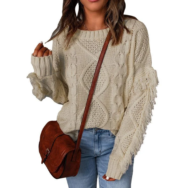 Weekend Steals Await Loose Solid Color Long Sleeve Ribbed Tassel Crew Neck Knit Sweater Wholesale Womens Tops