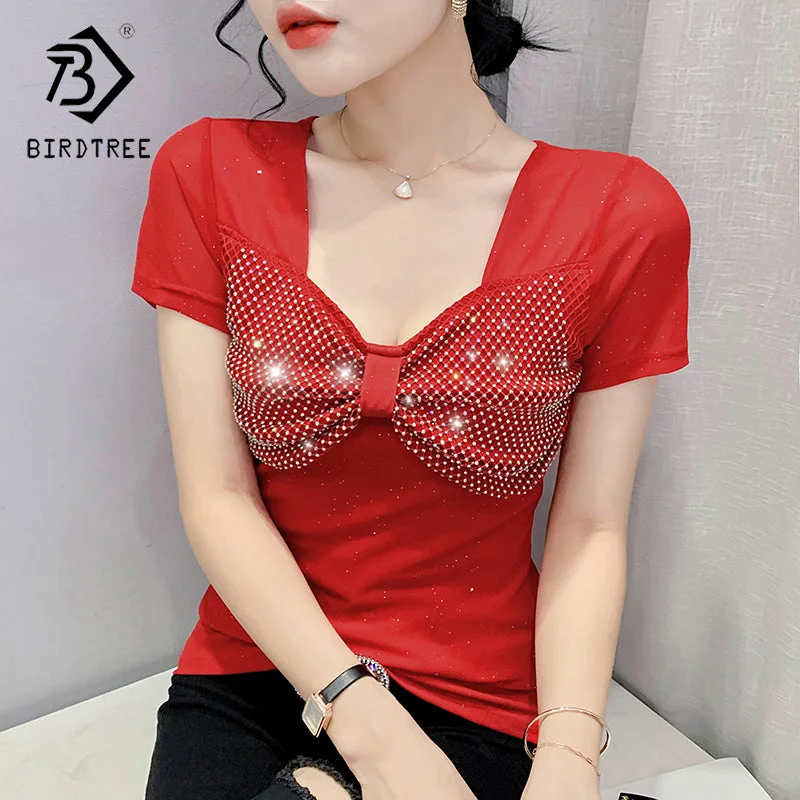 Special Price New 2022 T-Shirt Women Square Collar Handmade Diamonds Beading Bow Bling Bling Women Tops Tees Short Sleeve Summer T25906