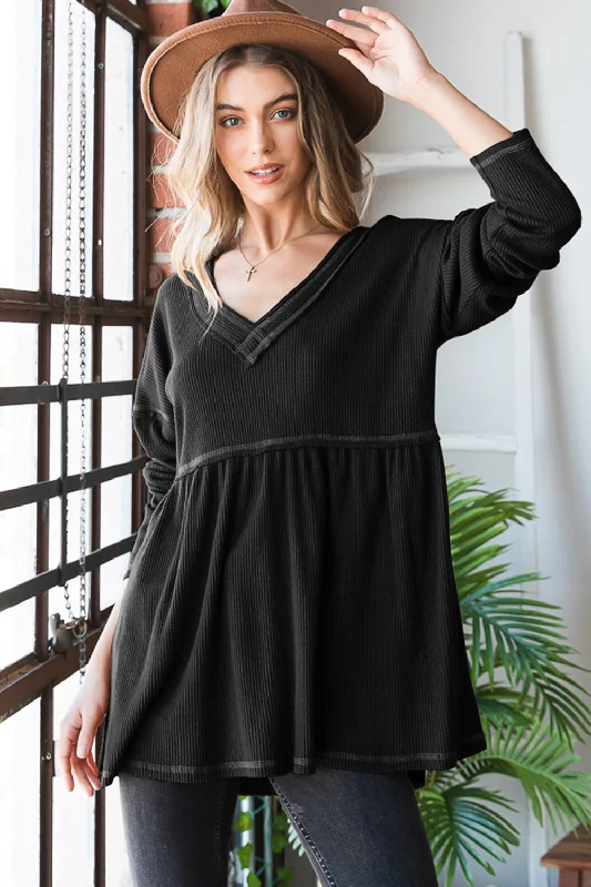 Clearance Event Heimish Full Size V-Neck Long Sleeve Ribbed Babydoll Top