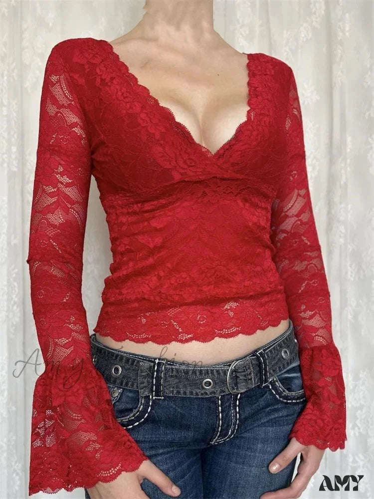 Weekend Discounts to Enjoy Amy Fashion - Retro Lace Fairy Grunge Deep V Neck Long Flare Sleeve Slim Fit T-shirts