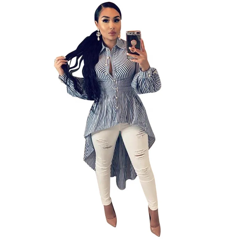 Early Bird Wholesale hot sale new women's clothing blue white asymmetrical blouse skirt stripe irregular big swing petticoat skirt