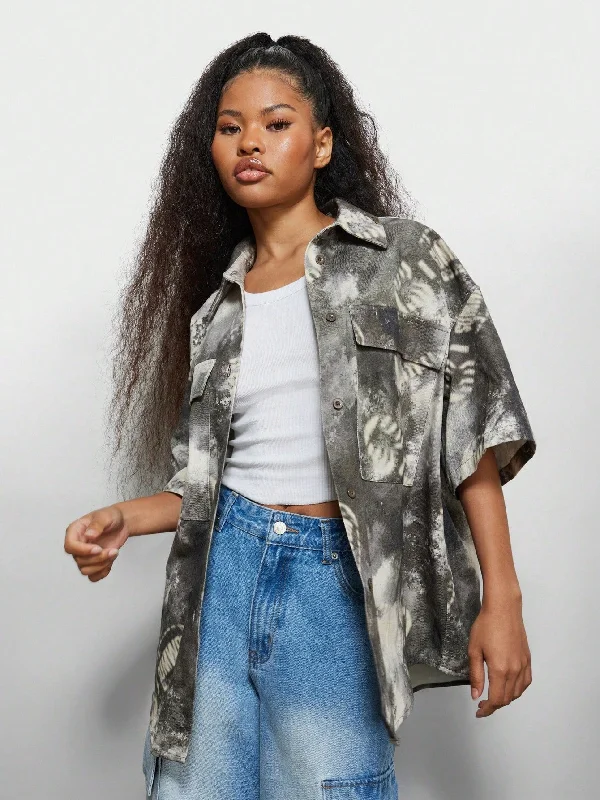 Weekend Specials to Cherish SUMWON WOMEN All Over Print Boxy Sleeves Oversized Twill Shirt