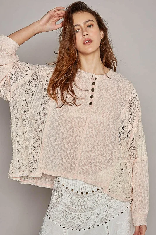 Hot Deal POL Round Neck Long Sleeve Raw Edge Lace Top
