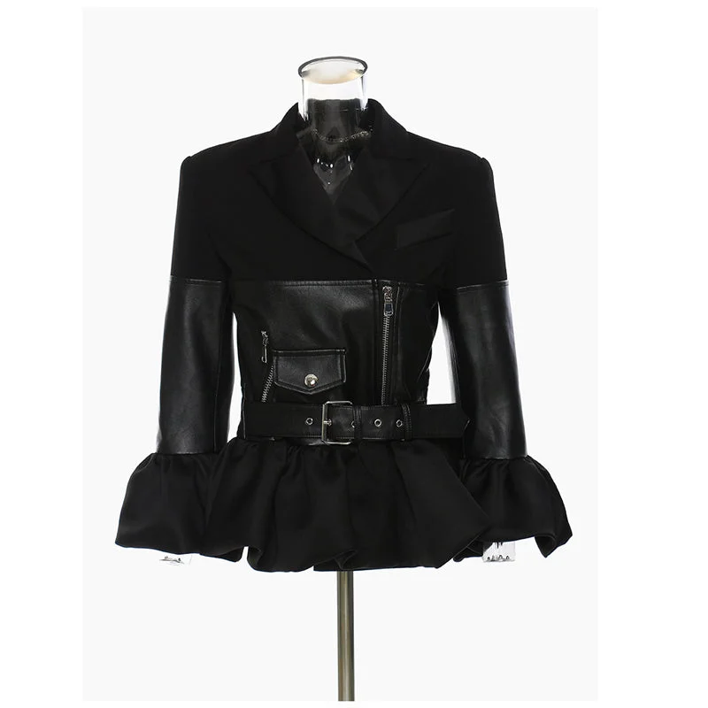 Weekend Deals That Sparkle Women Coat Patchwork PU Spliced Ladies Jacket Full Sleeve Zipper Ruffles Short High Waist Locomotive Jackets Tops 2022