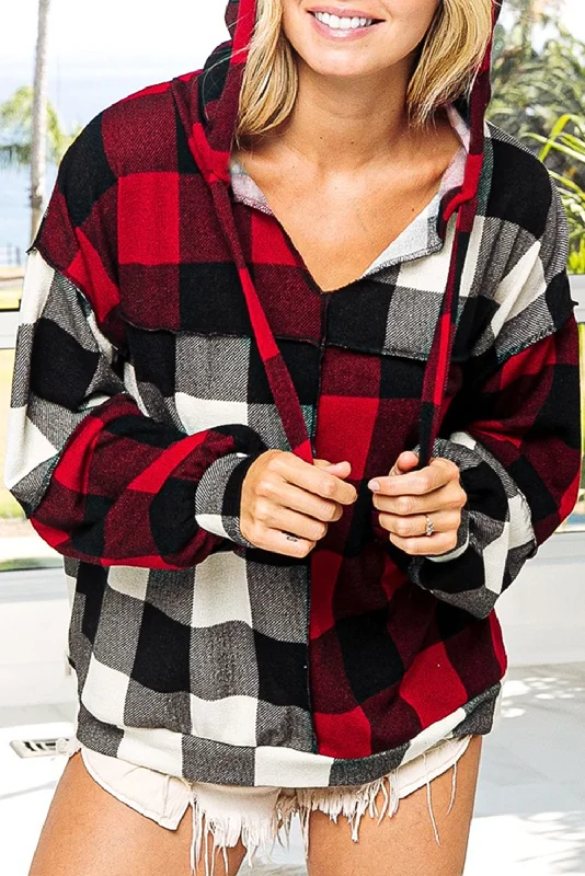 Now Available Multicolor Patchwork Buffalo Plaid Hooded Top