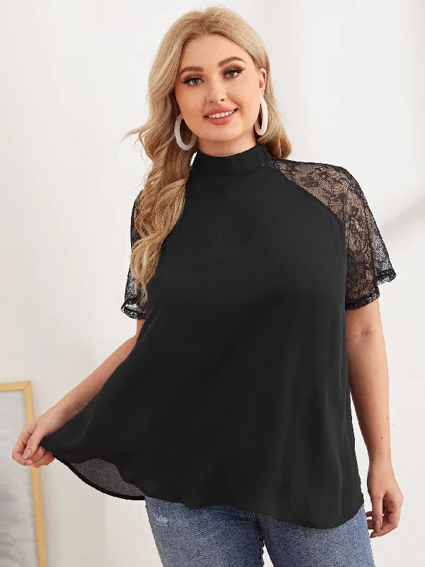 Special Price Plain Contrast Lace Short Sleeve Stand Collar Long Plus Size Blouse