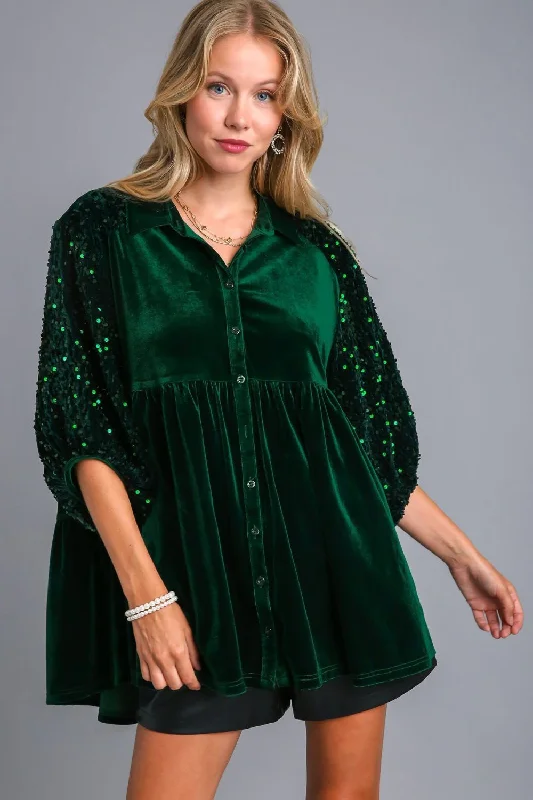 Great Deals Umgee Sequin Detail Tiered Back Half Sleeve Shirt