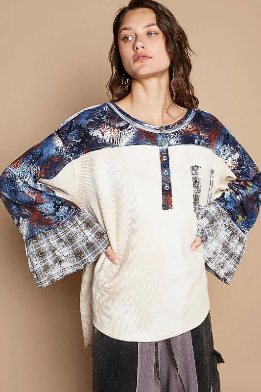 Weekend Discounts to Savor POL Round Neck Plaid Contrast Star Patch Blouse
