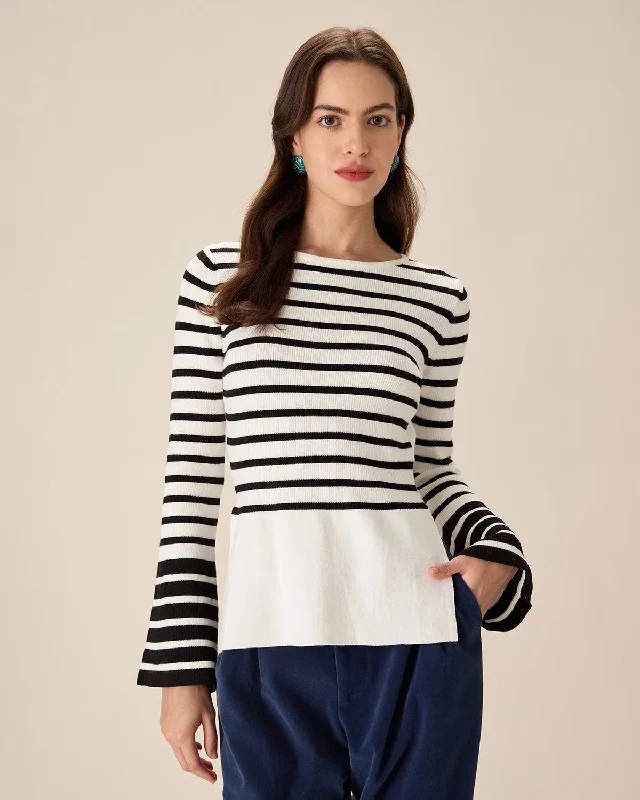 Amazing Deals White Striped Boat Neck Sweater