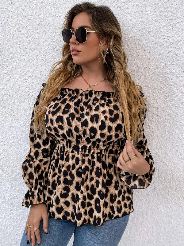 Weekend Deal All Over Print Shirred Long Sleeve Off The Shoulder Regular Plus Size Blouse