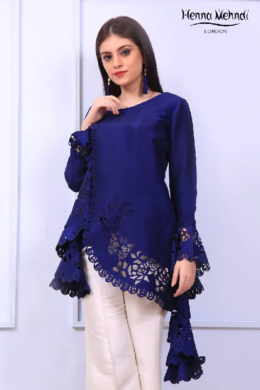Weekend Savings Spectacle Navy Ruffle Sleeves Laser Cut Top