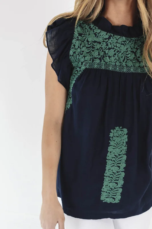 Hurry In The Jewel Ruffle Neck Top - Navy