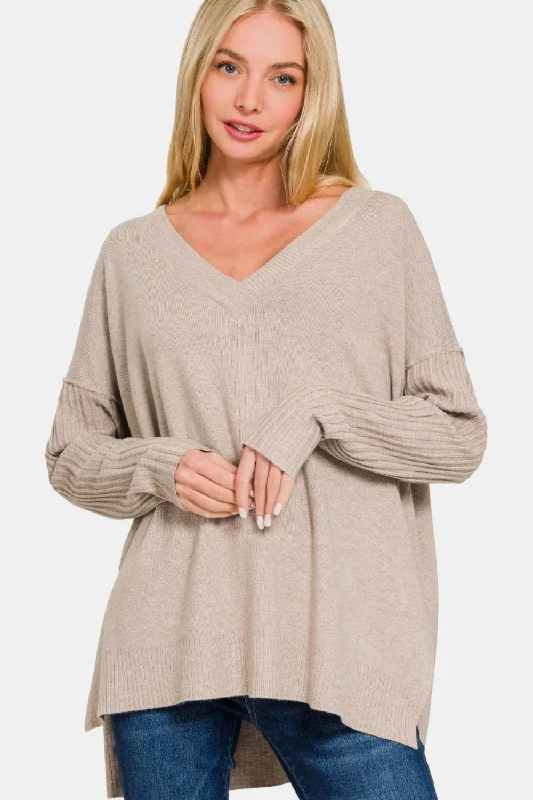 Special Discount V-Neck Side Slit High-Low Sweater - Mocha