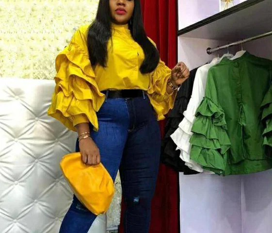 Weekend Offers That Tempt Latest Design Fashion Loose Ruffle Flare Sleeves Women Casual Blouse