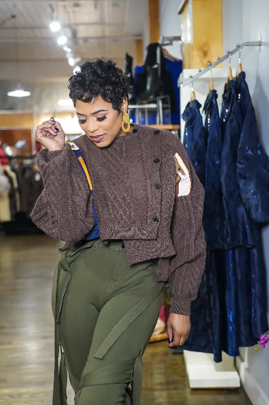 Top Pick Patchwork Asymmetric Knit Sweater (Brown)