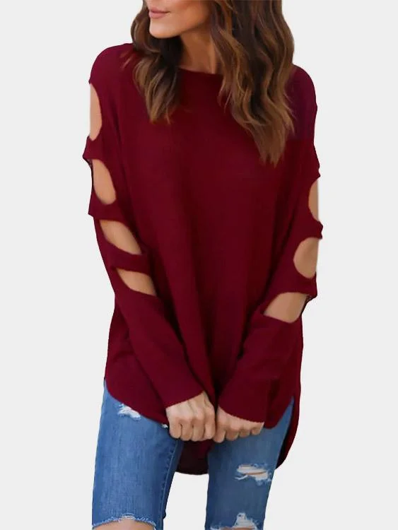 Price Reduction Custom Round Neck Plain Cut Out Long Sleeve Irregular Hem Burgundy T-Shirts Price Reduction Custom Round Neck Plain Cut Out Long Sleeve Irregular Hem Burgundy T-Shirts