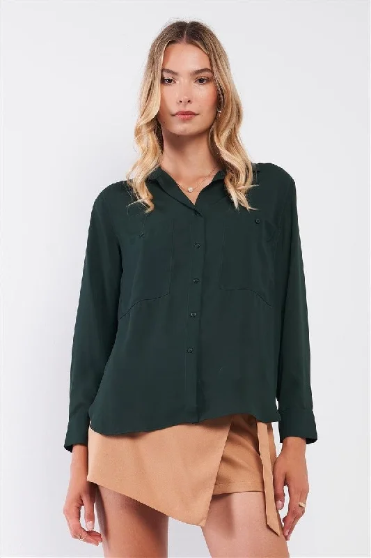 Weekend Offers That Please Dark Green Long Sleeve Button Down Two Front Pockets Side Slit Shirt Top