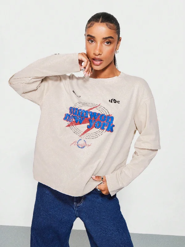 Top Pick SUMWON WOMEN Double Layer Long Sleeve Tee With New York Graphic Print