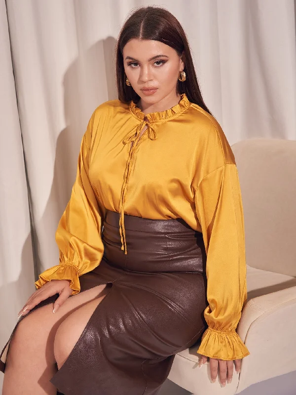 Crazy Deals Plain Knot Long Sleeve Tie Neck Regular Plus Size Blouse