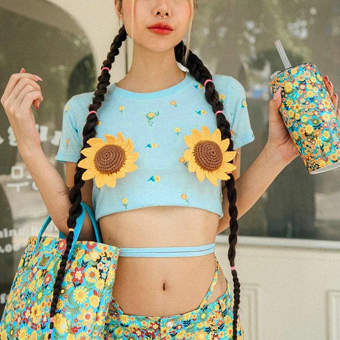 Price Meltdown Sweet Sun Flower Tie Short Sleeve Chic Crop Tops Wholesale Women'S Tops