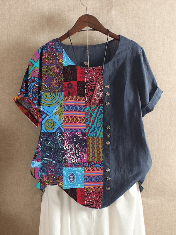 Weekend Discounts to Celebrate Women Folk Style Print Patchwork Short Sleeve T-Shirts