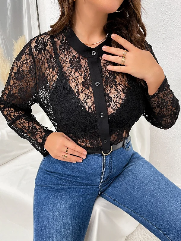 Can't Miss Plain Button Front Long Sleeve Stand Collar Regular Plus Size Blouse