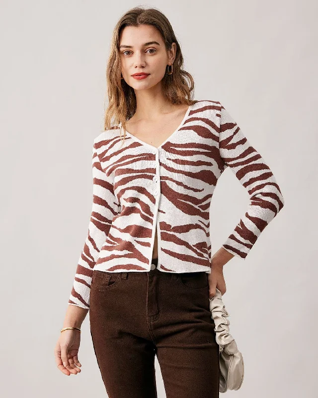 Great Deals The Coffee V Neck Zebra Knit Cardigan