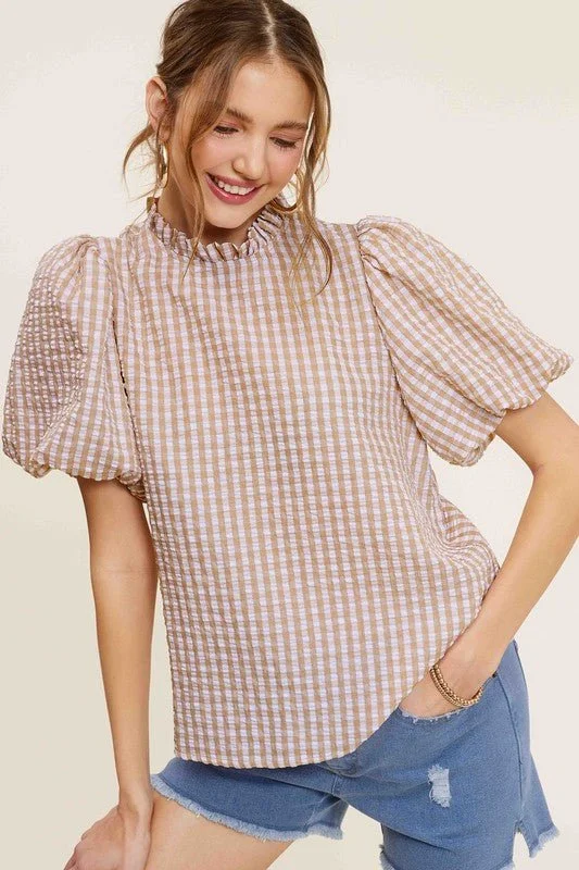 Don’t Miss Out Gingham Check Print Puff Sleeve Top