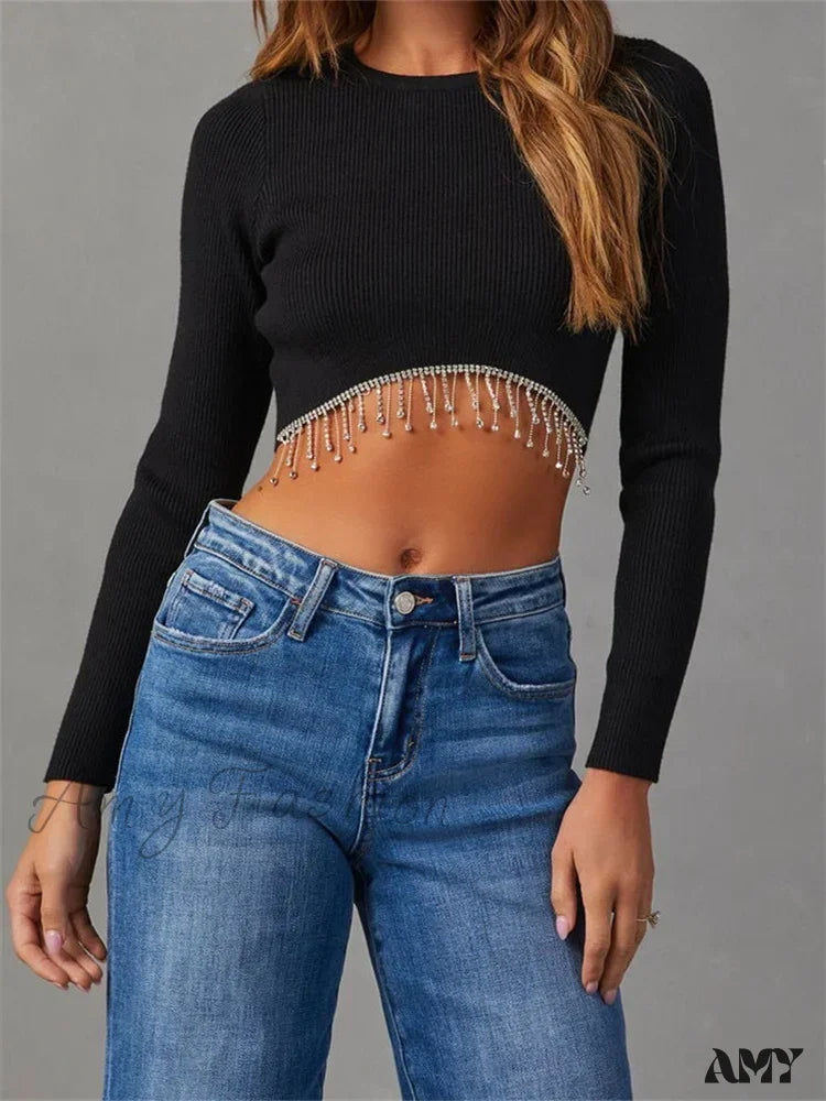 Anniversary Sale Amy Fashion - Knitted Grunge Round Neck Long Sleeve Slim Fit  T-shirts