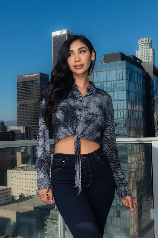 Best Deals Animal Print Tie Dye Long Sleeve Button Down Crop Top (VIT8762)