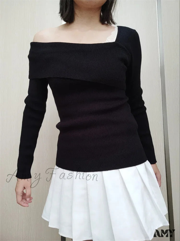 One-Day Only Amy Fashion - Off Shoulder Irregular Neck  Long Sleeve Ribbed Knitted T-shirts