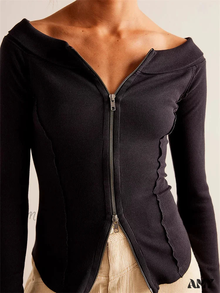 Exclusive Online Offer Amy Fashion - Knitted Patchwork Solid Color Long Sleeve Double Zip Up T-shirts