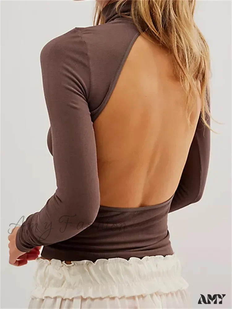 Super Bargain Amy Fashion - Long Sleeve High Neck Backless Slim Fit Solid Color T-Shirts