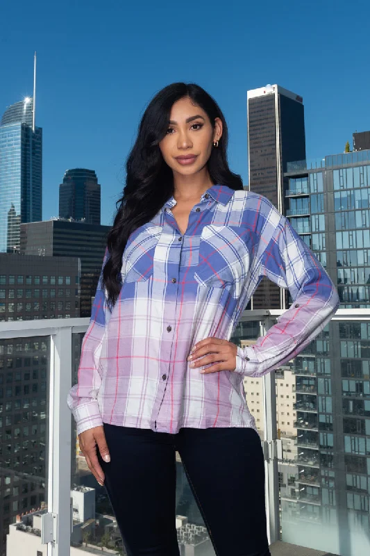 Buy More, Save More 3/4 Roll Up  Sleeve Button Down Plaid Top W/Front Pockets (TPS-192)