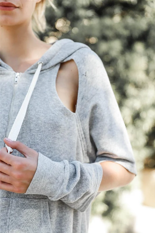 Special Savings Grey Casual Cut-Out Sleeves Zip-Up Hoodie Sweatshirt /3-2-1