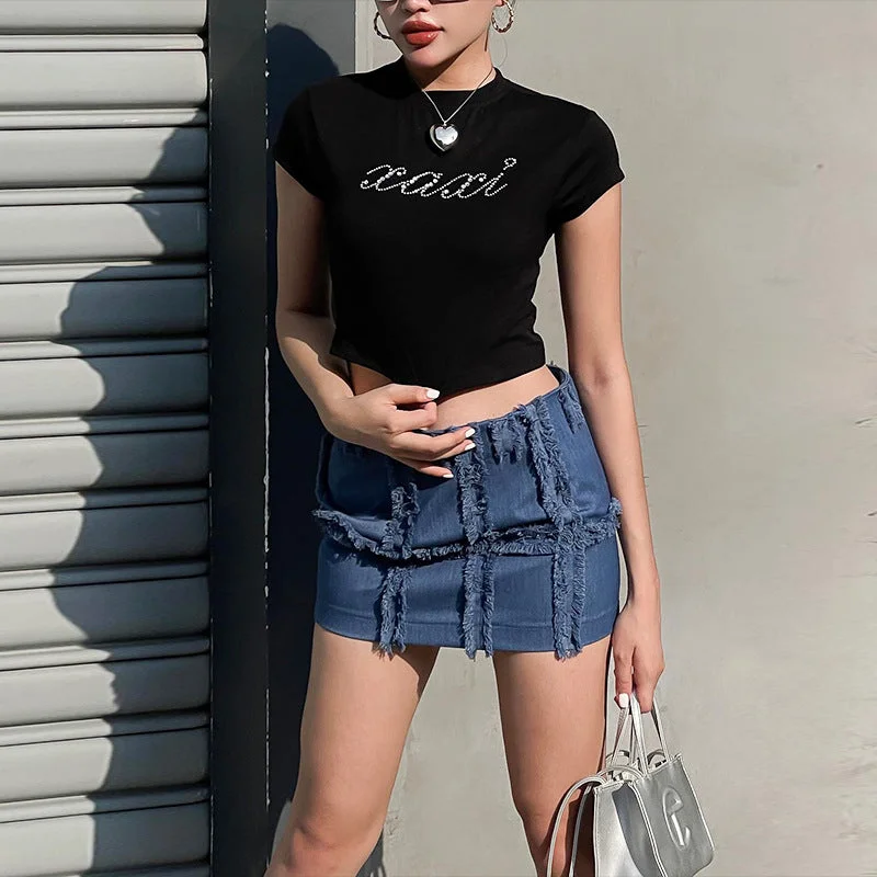 Price Blitz Hot Diamond Round Neck Slim Fit All-Match T-Shirt Crop Tops Wholesale Women'S Tops