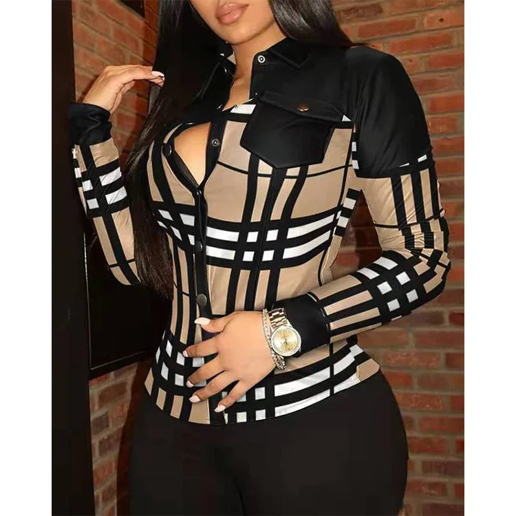 Massive Savings Z76413 Fall stylish Casual Plaid Print long Sleeve tops women Buckle Turndown Collar Winter cotton shirt