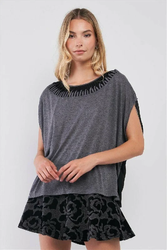 Weekend Discounts to Delight Grey & Black Color Block Interlocking Trim Neckline Mesh Back Detail Loose Fit Top Weekend Discounts to Delight Grey & Black Color Block Interlocking Trim Neckline Mesh Back Detail Loose Fit Top