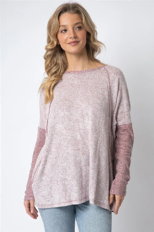 Instant Discount Burgundy Long Sleeve Round Neck Two Pocket Side Top