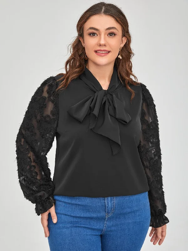 Price Drop Plain Tie Front Long Sleeve Tie Neck Regular Plus Size Blouse