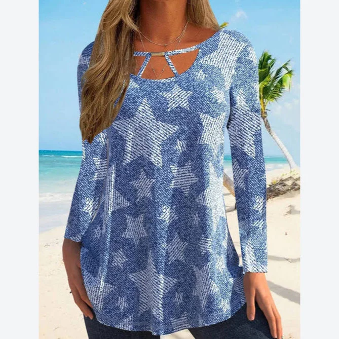 Weekend Savings Sensation Star Print Loose Pullover Hollow Long Sleeve T-Shirt Wholesale Womens Tops