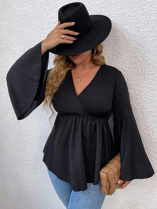 Act Fast Plain Wrap Long Sleeve V Neck Flared Regular Plus Size Blouse