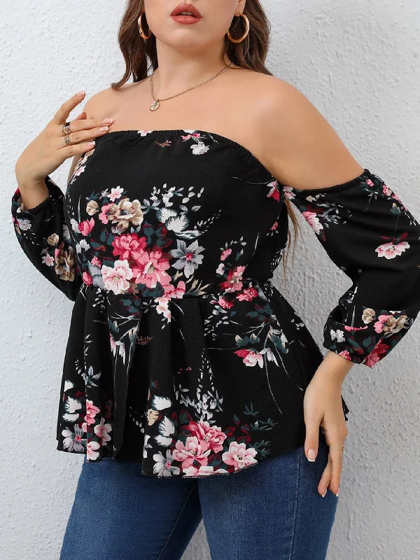 Weekend Specials to Cherish Floral Ruffle Hem Long Sleeve Off The Shoulder Flared Regular Plus Size Blouse Weekend Specials to Cherish Floral Ruffle Hem Long Sleeve Off The Shoulder Flared Regular Plus Size Blouse