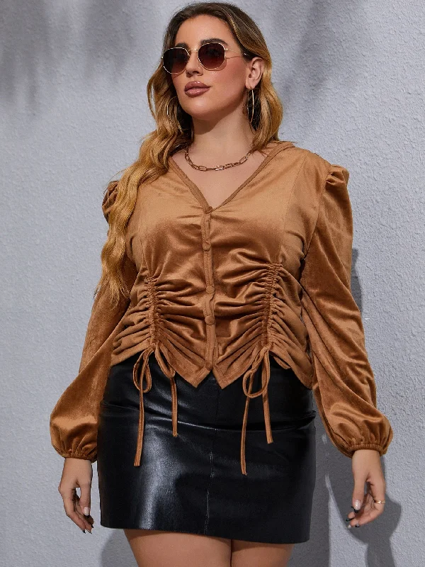 Limited Time Plain Button Front Long Sleeve V Neck Regular Plus Size Blouse